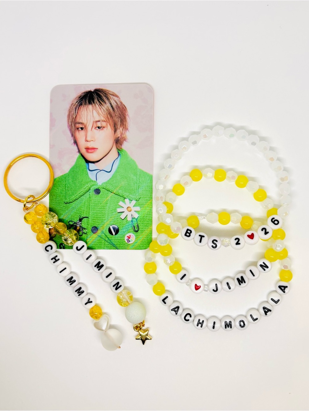 (5pcs) BTS JIMIN CHIMMY BIAS BRACELET KEYCHAIN PHOTOCARD BUNDLE